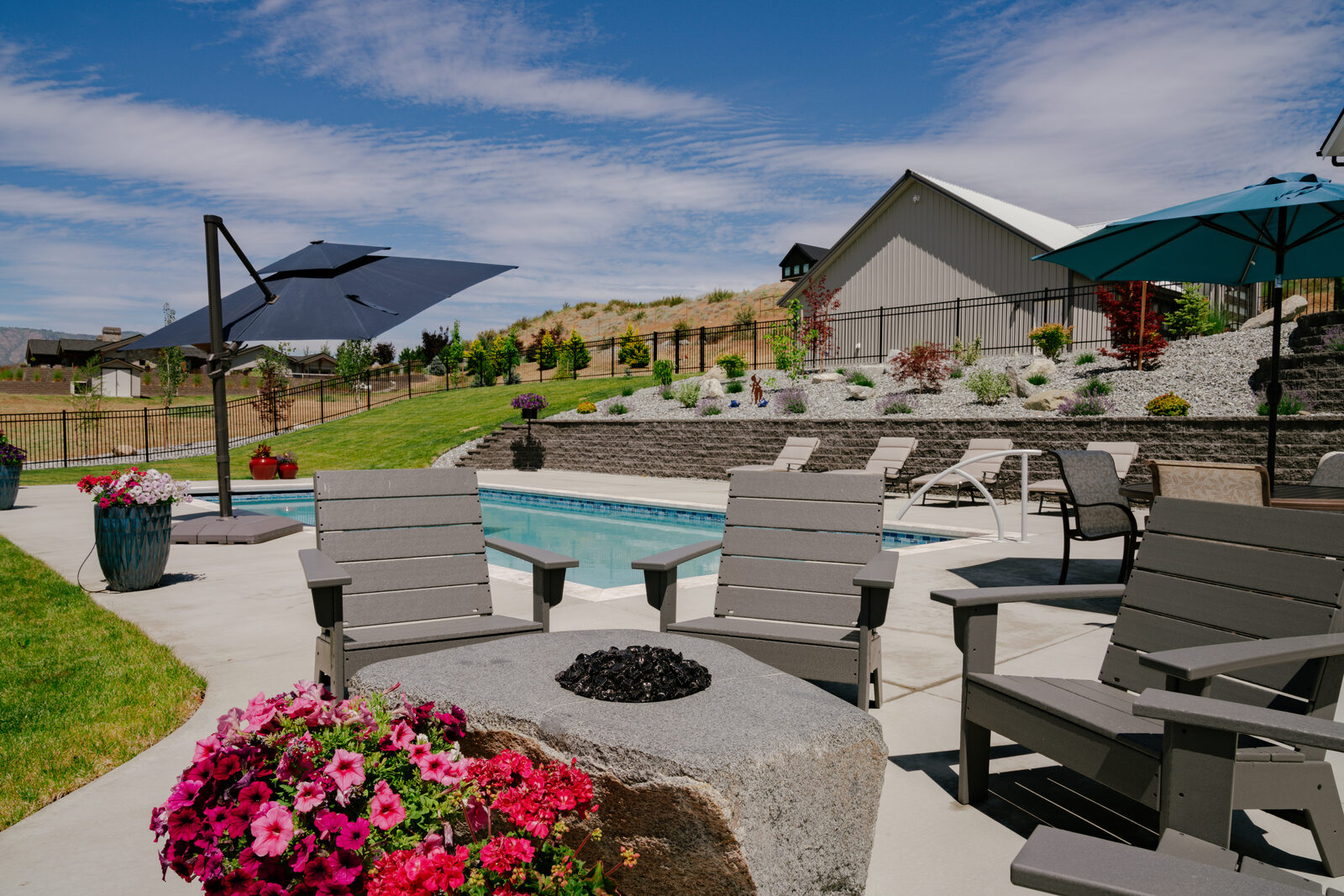 Pool with firepit and adirondack chair retreat