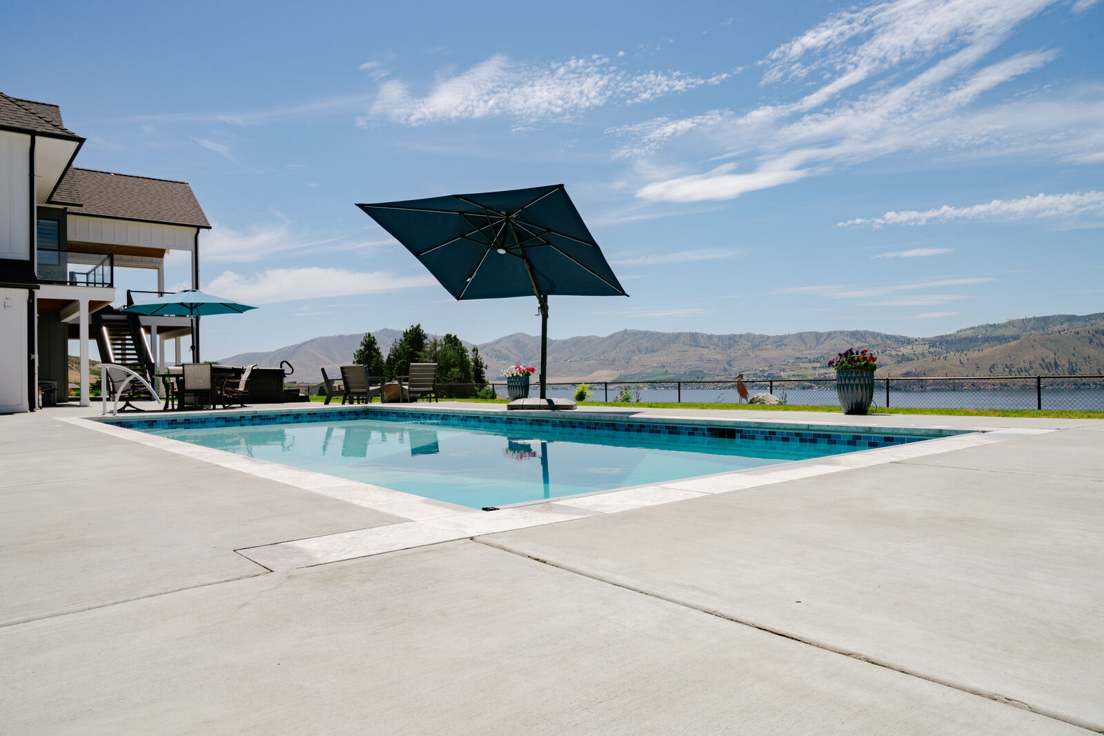 Lakeside custom pool with modern home
