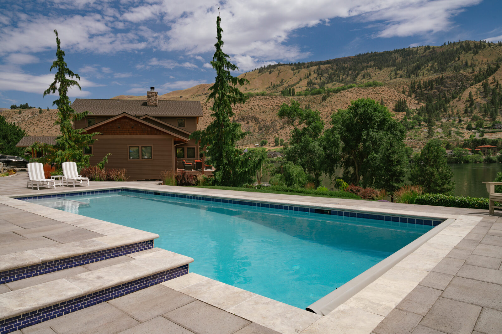 Riverside custom pool with weeping willow trees